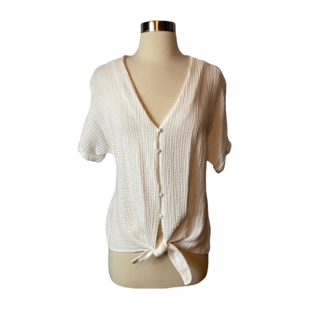 Socialite Cotton Blouse White Tie-Front Button Top Casual Summer Shirt Size L - Picture 3 of 9